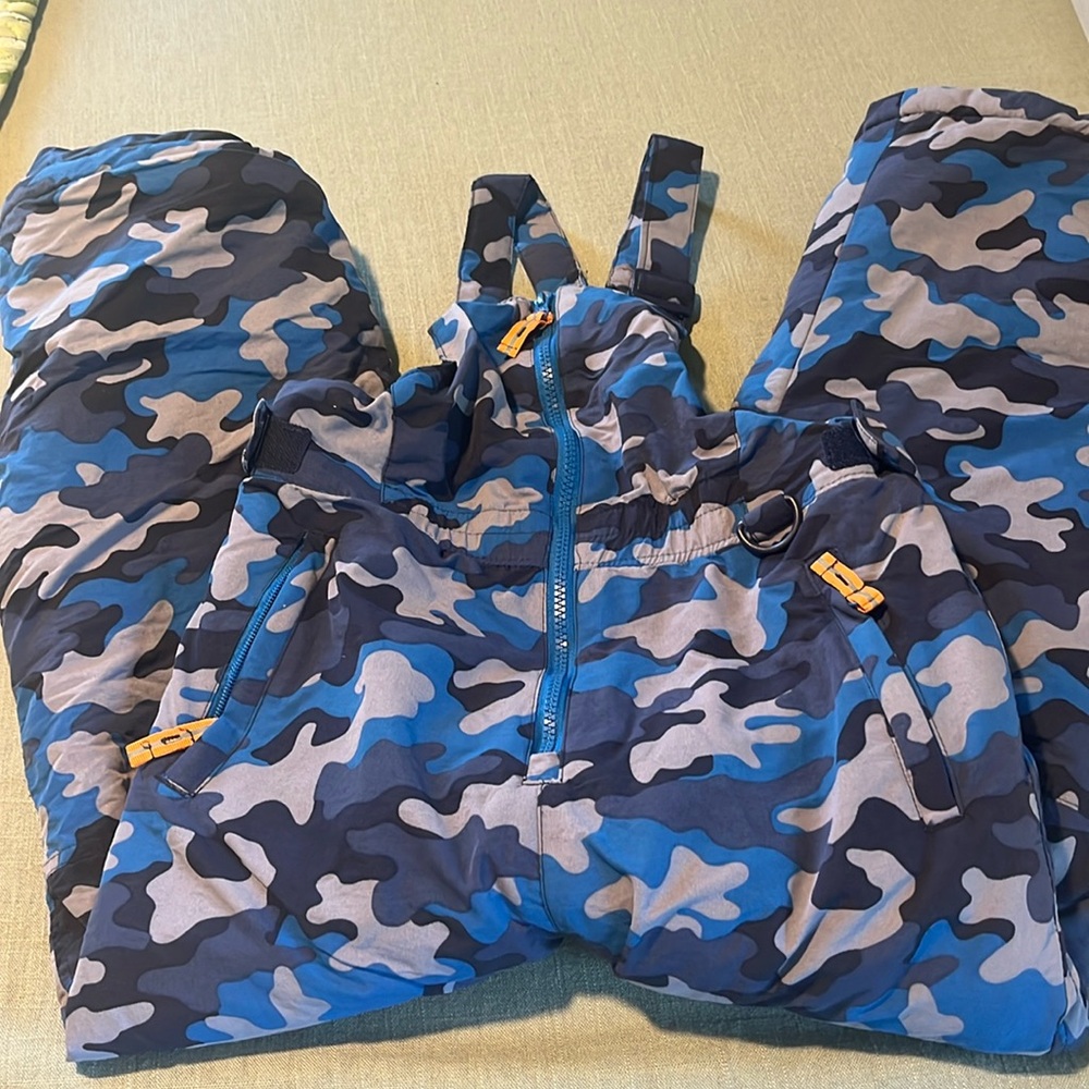 Blue and grey camo snowbibs